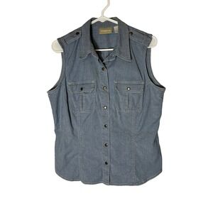 Liz Claiborne Lizwear Blue Sleeveless Denim Snap Front Shirt Epaulettes Large